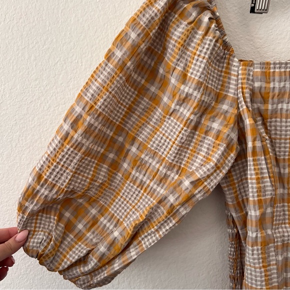 Anthropologie Maeve Tan and Mustard Yellow Plaid Puff Sleeve Top Sz XS NWT - Picture 3 of 6